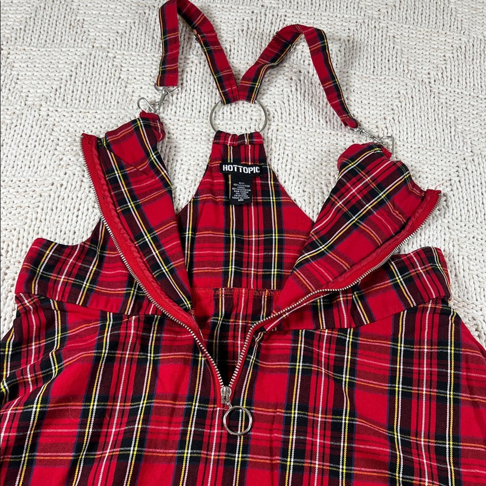 Hot Topic Red/Black Plaid O-Ring Skirtall Overall Zipper Dress - Picture 7 of 16